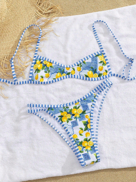 Lemon Print Triangle Bikini Set