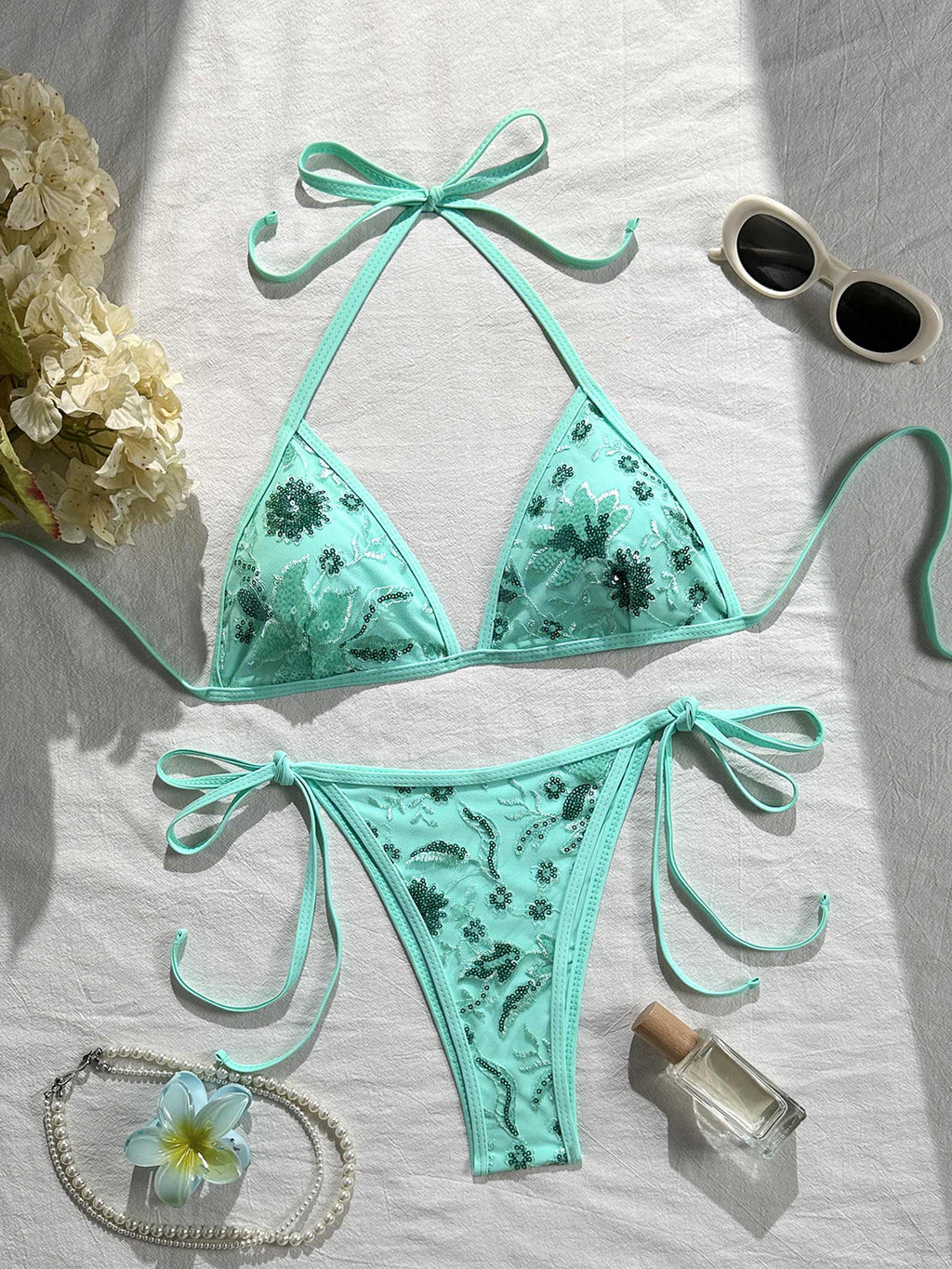 Mint Green String Triangle Bikini Set with Floral Embroidery