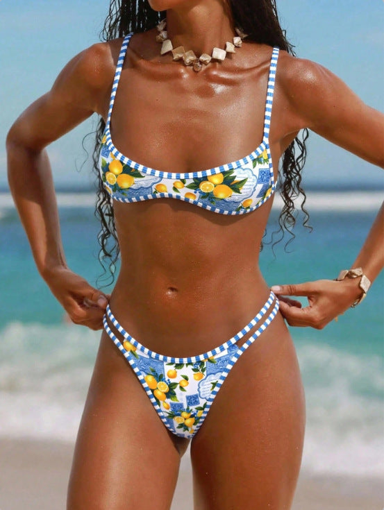 Lemon Print Triangle Bikini Set