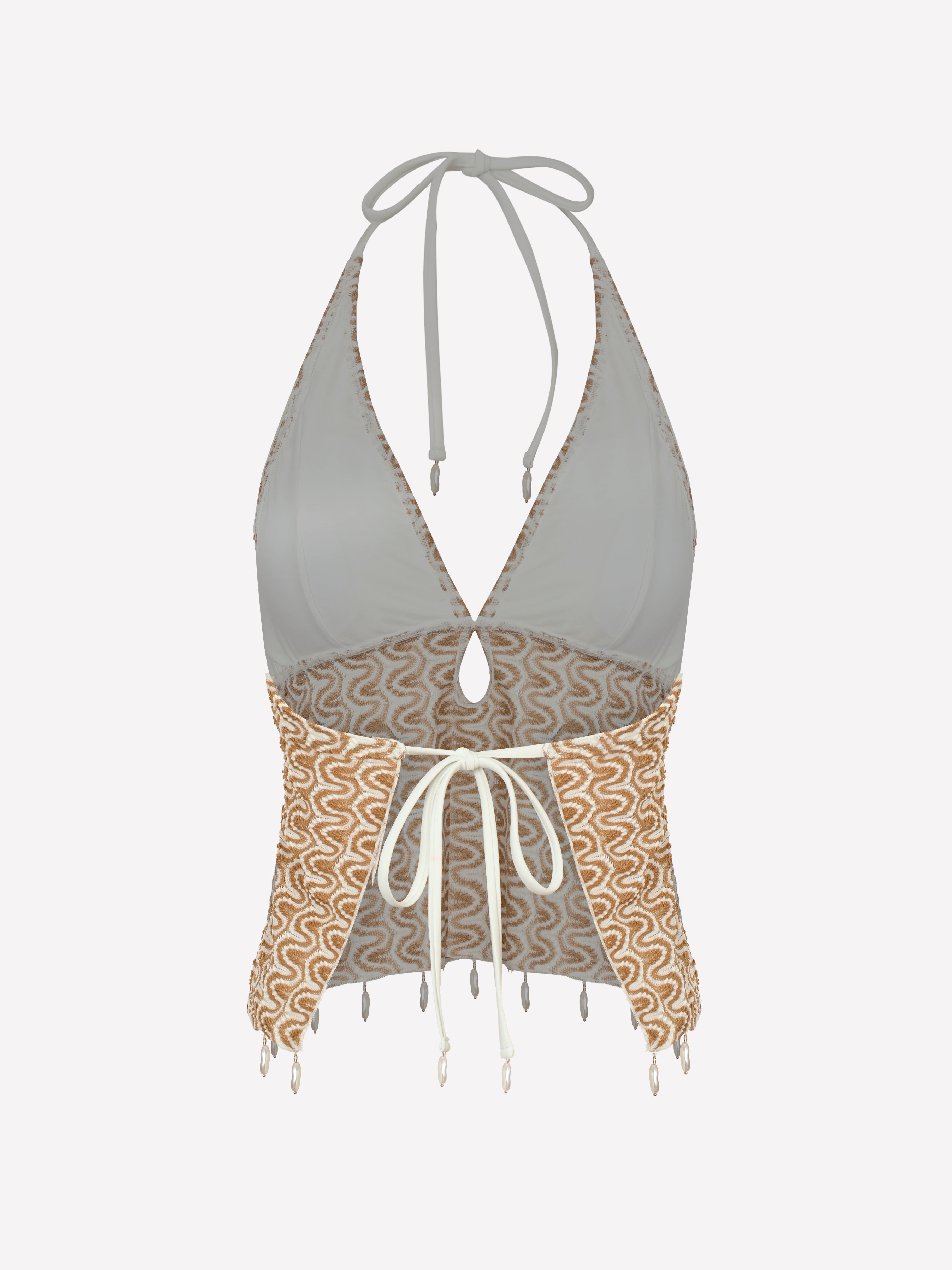 Textured Wave Halter Cut Out Tankinis Top