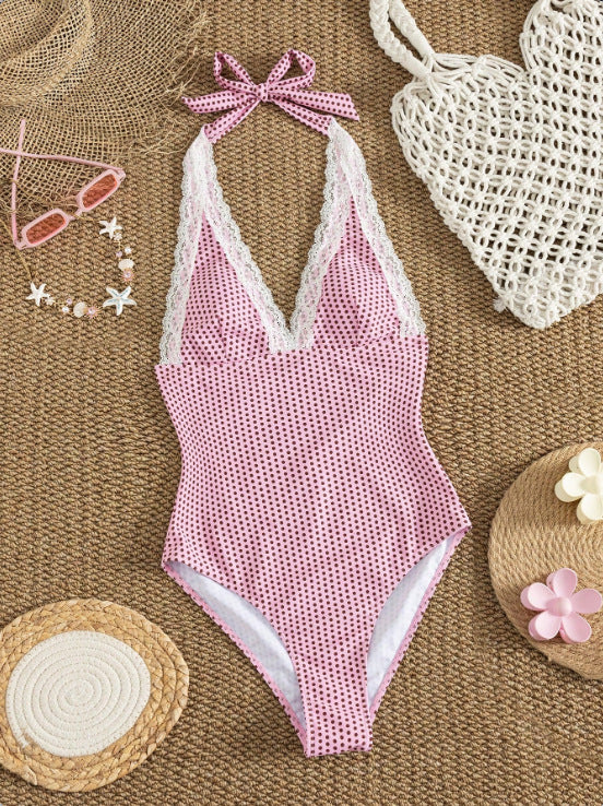 Sweet Lace-Trimmed Gingham Halter Monokini
