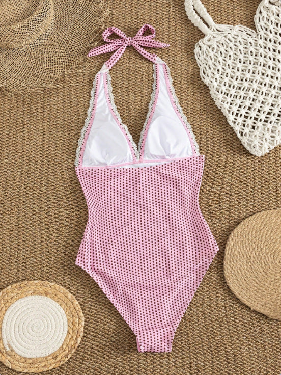 Sweet Lace-Trimmed Gingham Halter Monokini