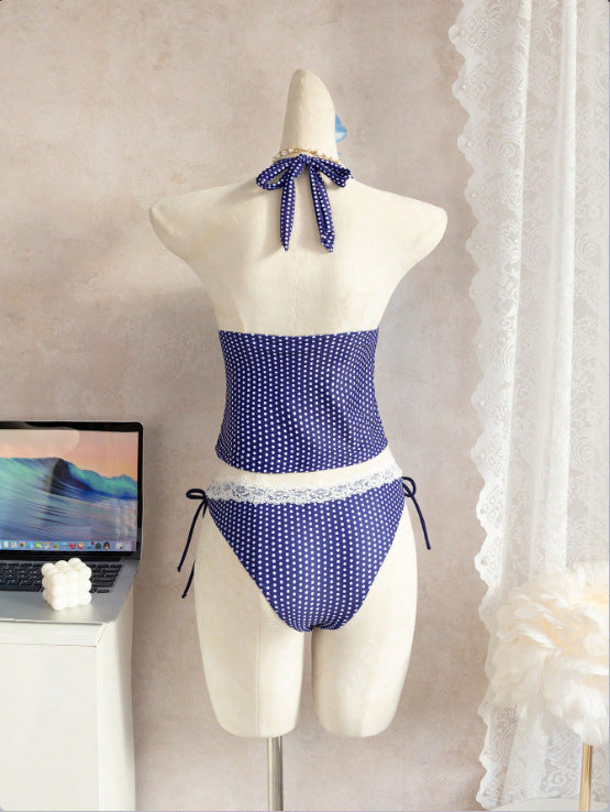 Blue plaid lace tankini suit
