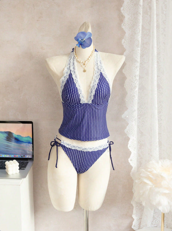 Blue plaid lace tankini suit