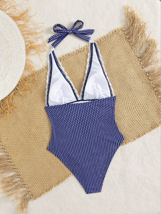 Blue plaid lace one-piece swimsuit