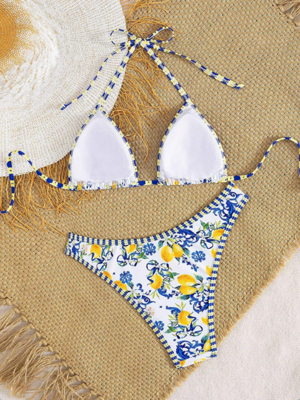Yellow Lemon & Gingham Trim Bikini Set