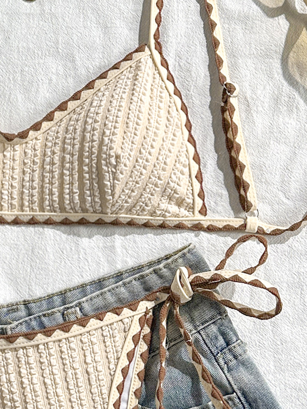 Cream Ribbed Knit String Bikini Set