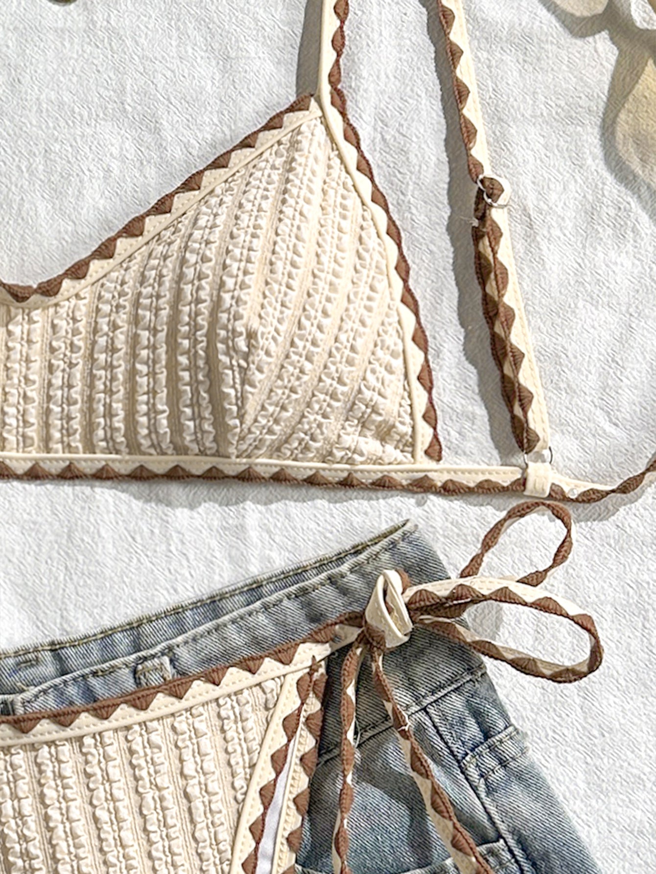 Cream Ribbed Knit String Bikini Set