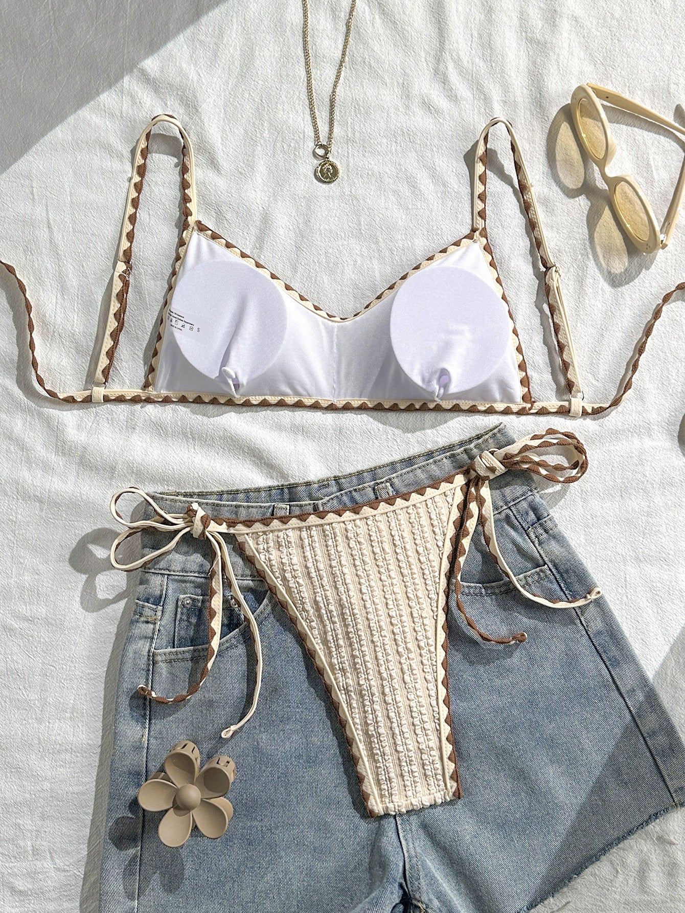 Cream Ribbed Knit String Bikini Set