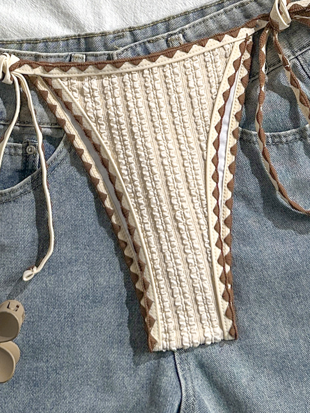 Cream Ribbed Knit String Bikini Set