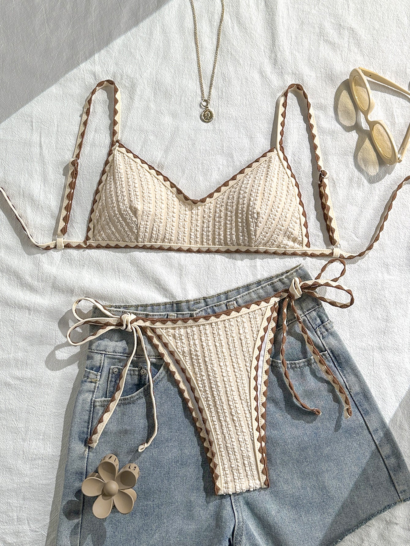 Cream Ribbed Knit String Bikini Set