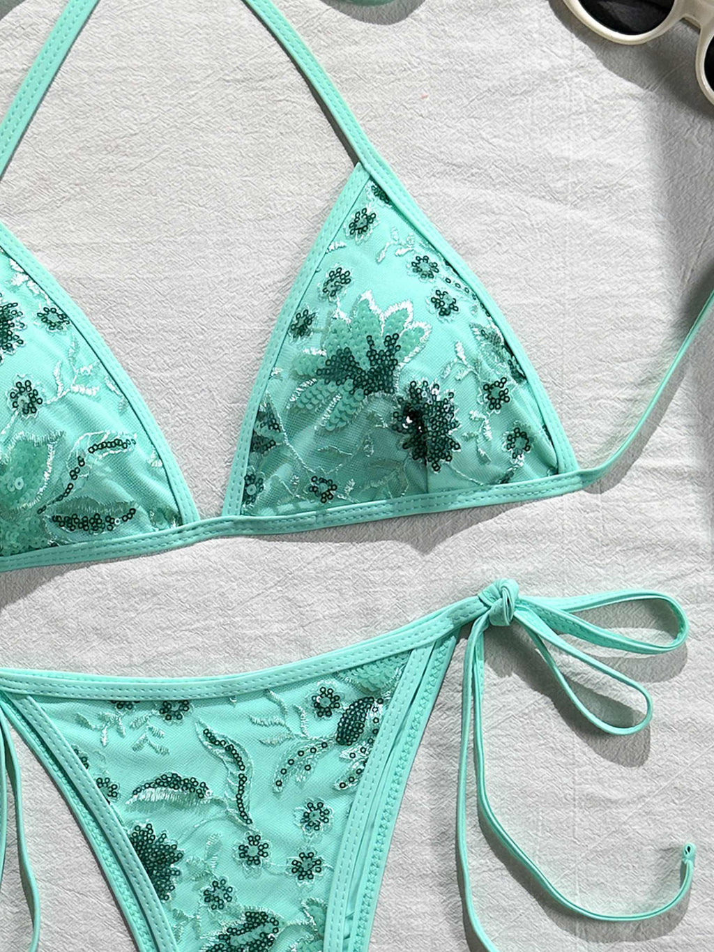 Mint Green String Triangle Bikini Set with Floral Embroidery