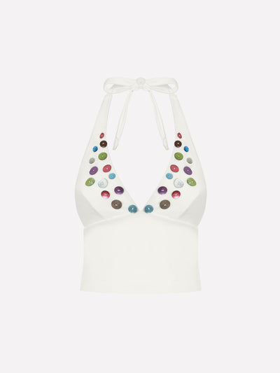 Lunel Button Detail Halter Tankini Top