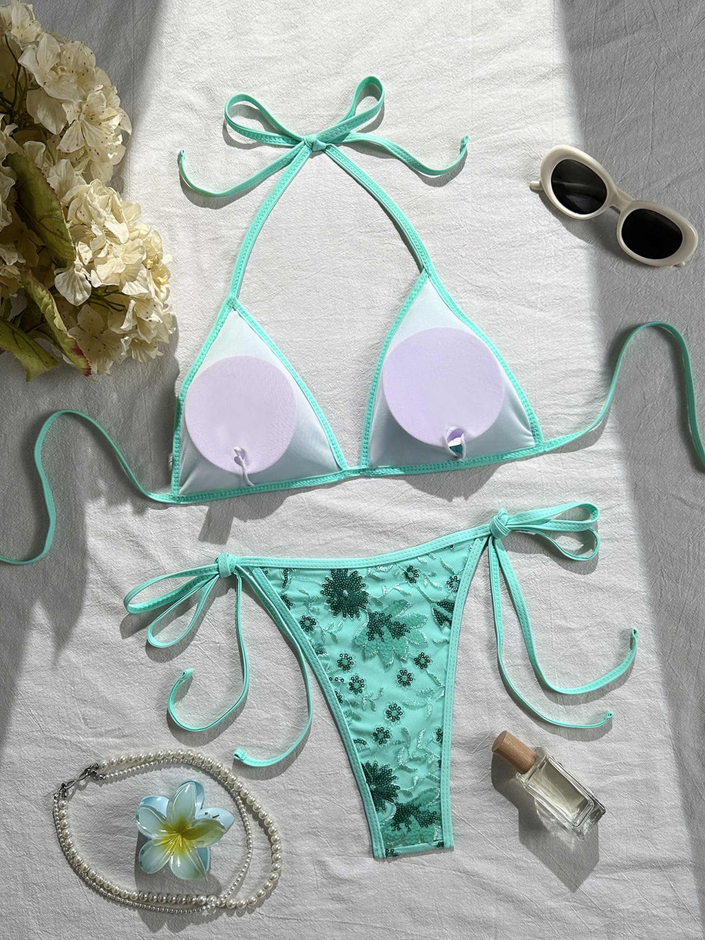 Mint Green String Triangle Bikini Set with Floral Embroidery