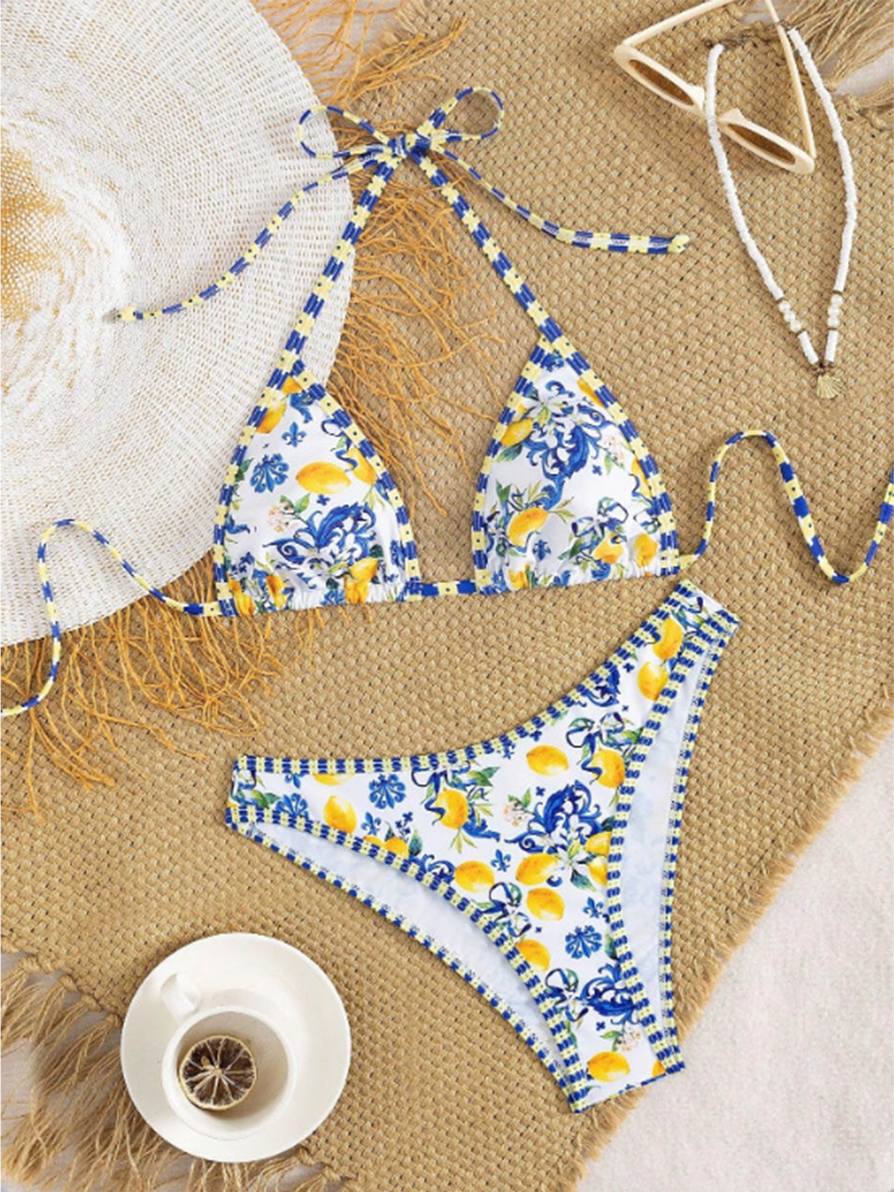 Yellow Lemon & Gingham Trim Bikini Set